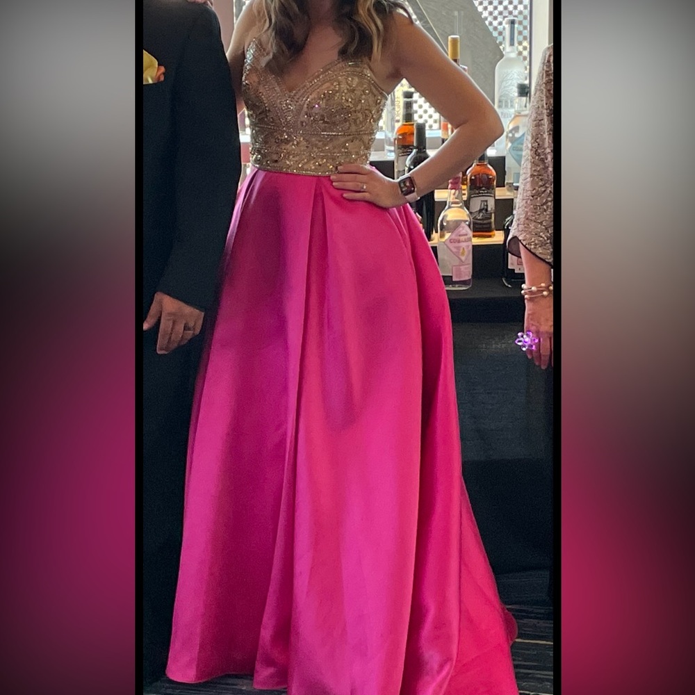 Stunning pink and gold formal gown. Size 8. Worn once. From Camille La Vie.